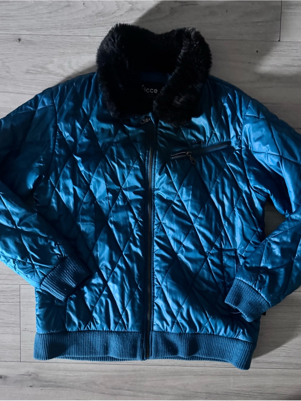 Vintage FICCE Futuro Yoshiyuki Konishi Teal Quilted Fur Collar Jacket L